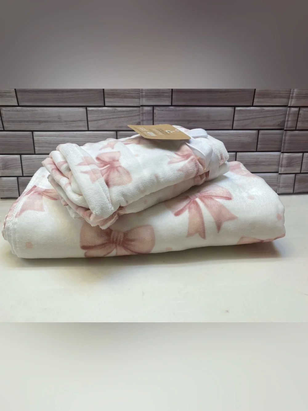 DC Designs ❤️ light baby Pink Bows(1)Bath&(2) Hand Towels set NWT